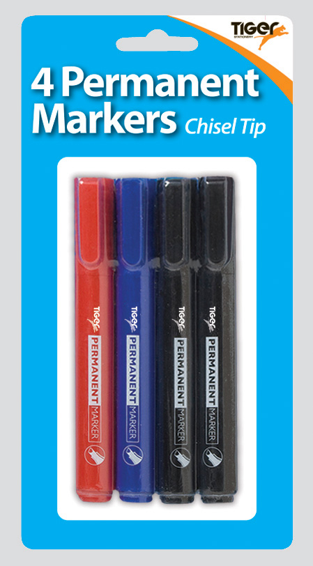 Chisel Tip 4mm Perm Markers Blister Pk 4