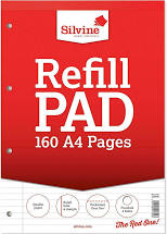 Silvine 160 Page A4 Refill Pad, Head Bound and Punched 4 Holes. Ruled 8mm Feint with Margin. Ref A4R