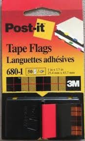 Tape flags, Post-it, 3M, 1inX1.7”, one dispenser of 50 flags, 680-1