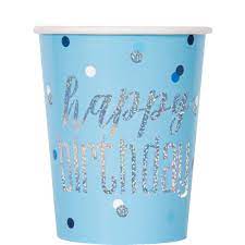 Happy Birthday Glitz Blue & Silver Foil Stamped Paper Cups (8)