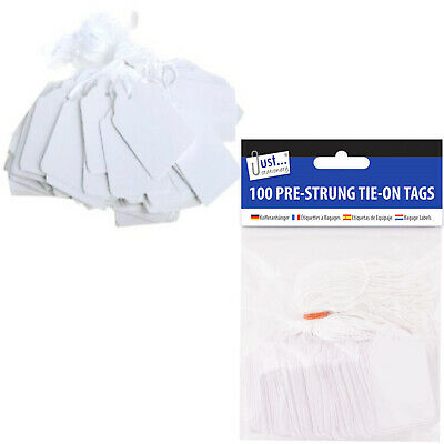 100 Pack White Pre-Strung Tie On Tags 25x39mm